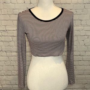 CAUTION TO THE WIND Long Sleeve Tee Cropped Striped Burgundy/Black/White-S/M